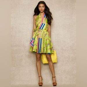 Ralph Lauren Blue Label Dylan Multi 
Equestrian Print Silk Halter Wrap Dress